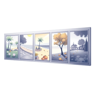 A large mural divided into four distinct panels, each showcasing a different season. The first panel illustrates "spring," featuring blooming flowers, lush green grass, and a clear sky. The second panel captures "summer," depicting a sunlit beach with gentle waves, palm trees swaying in the breeze, and people enjoying the warm weather. The third panel represents "autumn," displaying trees with leaves in various stages of turning yellow and orange, scattered fallen leaves on the ground, and a harvest scene with pumpkins. The final panel portrays "winter," showing a snowy landscape, bare trees, and a cozy cabin with smoke rising from the chimney. Each panel is framed equally, creating a cohesive and harmonious mural.