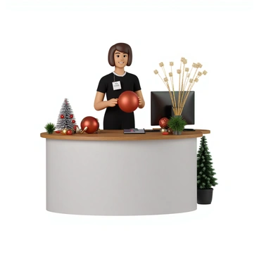 A receptionist decorating the front desk for a seasonal holiday with colorful ornaments.