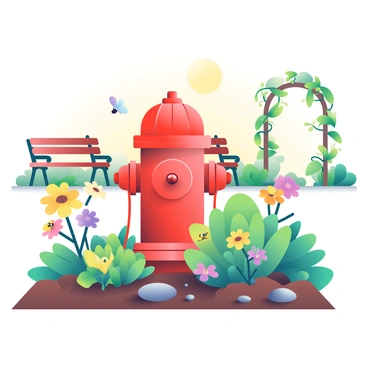 A bright red fire hydrant is nestled among vibrant green plants in a small urban community garden. Surrounding the hydrant are colorful flowers in various shades of yellow, purple, and pink. There are patches of rich brown soil visible, interspersed with small, neatly arranged stones. A few bees and butterflies are fluttering around the flowers, adding to the lively atmosphere. In the background, rustic wooden garden benches and trellises with climbing vines are visible, creating a cozy environment. The sun casts a warm glow, enhancing the colors of the garden.