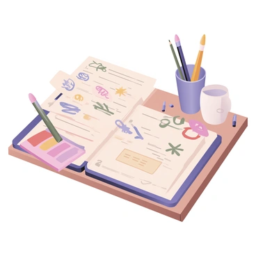 A digital flat illustration featuring an artist's checkbook resting on a wooden table. The checkbook is opened, revealing several checks adorned with vibrant, colorful doodles. Each check showcases different designs, including swirls, stars, and abstract shapes in various colors such as blue, pink, yellow, and green. The checkbook itself has a textured cover with a palette design in soft pastels. A few colored pencils are scattered around the checkbook, alongside a small sketchpad with more doodles visible on its pages. A cup filled with paintbrushes stands in the background.