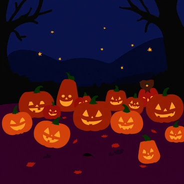 A dark Halloween night filled with various carved pumpkins with glowing faces. Some pumpkins are round, while others are tall and jagged, all emitting an orange light from inside. Fireflies are scattered throughout the scene, creating tiny glowing dots in the air. The surrounding landscape is shadowy, with silhouettes of bare trees in the background, adding to the eerie atmosphere. The ground is covered in dead leaves, contributing to the spooky feeling of the night.