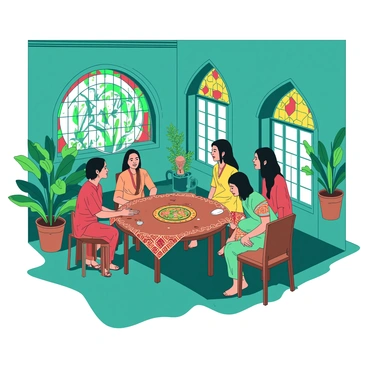 A teal room is filled with vibrant decorations that showcase traditional Indonesian art. "Kartini" is seated at a round wooden table covered with an intricate batik cloth. She is engaged in a lively discussion with a group of foreign visitors, who are dressed in various traditional outfits from their respective countries. The visitors are leaning forward, actively listening and sharing their ideas. Light streams in through ornate windows adorned with colorful glass, casting unique patterns on the floor. Various potted plants are placed around the room, adding a touch of greenery to the atmosphere.