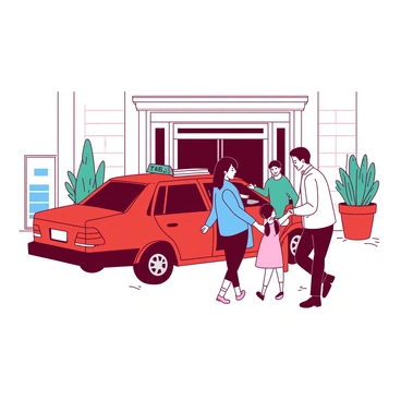 A family getting out of a taxi in front of a large, welcoming library