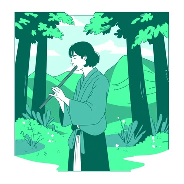 A teal musician is standing in a vibrant green forest, surrounded by tall trees and soft, green foliage. The musician is holding a bamboo flute to their lips, with their eyes closed in concentration. Sunlight filters through the leaves, creating dappled patterns on the forest floor. In the background, there are various plants and small flowers that add life to the scene. The atmosphere is calm, with a gentle breeze causing the leaves to rustle softly.