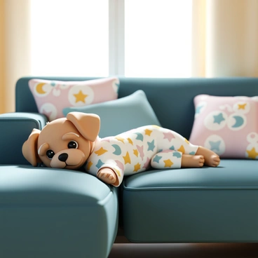 A cute dog lounging on a couch, wearing custom pajamas with fun patterns.
