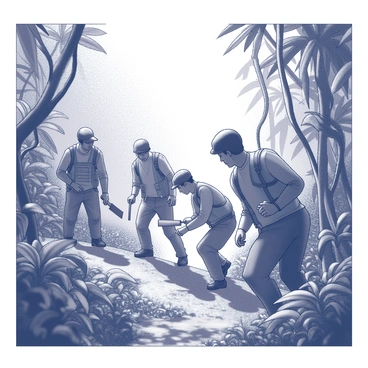 A group of explorers is advancing through a dense jungle. They are dressed in practical outdoor gear, including cargo pants and utility vests. Each explorer is wielding a machete, actively cutting through thick, intertwined foliage. The lush vegetation is filled with large leaves and vines, creating a challenging environment. The explorers are focused on their task, with some leaning forward to clear the path ahead while others are scanning the surroundings. Sunlight filters through the canopy above, casting dappled shadows on the ground.
