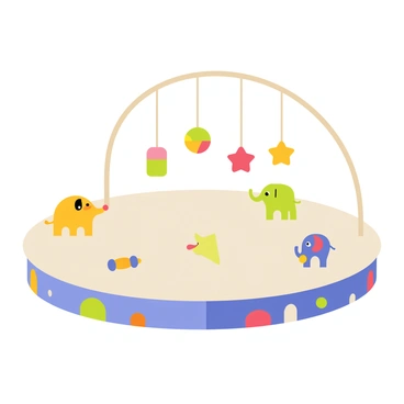 A circular baby gym featuring a soft, padded base in pastel colors. Colorful toys, including a plush elephant, a wooden rattle, and a dangling star, are evenly spaced around the perimeter of the gym. The gym has a flexible arch overhead, supporting additional hanging toys, adding variety to the play experience. Brightly colored patterns decorate the base, creating an inviting and playful atmosphere for a baby.