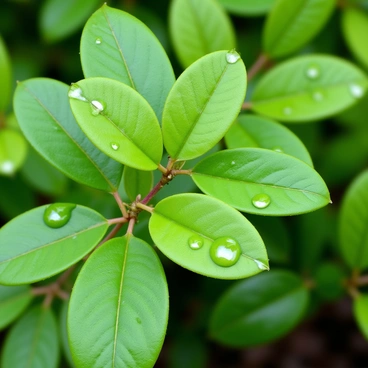 A close-up view of green leaves, glistening with water droplets. The raindrops are clearly visible, some pooling on the surface, while others are sliding off the edges. The leaves appear vibrant and fresh, reflecting the light. The background consists of blurred greenery, enhancing the focus on the leaves.