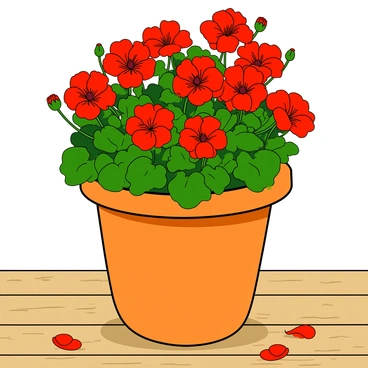 A terracotta pot with a smooth, orange-brown texture, filled to the brim with vibrant red geraniums in full bloom. The flowers have green leaves that are fully lush and healthy, with some blossoms reaching outwards. The pot is placed on a wooden porch with light-colored planks, showing a clear grain pattern. A few scattered petals lie on the porch floor, adding to the lively atmosphere. The sunlight casts soft shadows from the flowers onto the porch, highlighting the pot's curves and the geraniums' bright colors.
