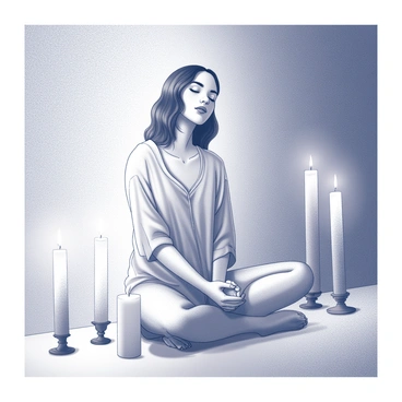 A woman sitting cross-legged on the floor in a dimly lit room. The room is softly illuminated by several candles that cast flickering shadows on the walls. The woman has her eyes closed and her hands resting on her knees, with her palms facing upward. She is wearing a flowing, light garment that drapes gently around her form. Various candles of different heights are placed around her, creating a serene atmosphere. The background features subtle textures of the walls and flooring, enhancing the peaceful ambiance of the scene.