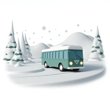 An electric bus, painted in a vibrant green color, is traveling along a winding road. The bus is coated with a light layer of snow on its roof and windows. Surrounding the bus, tall pine trees are heavily blanketed with white snow, creating a winter wonderland. Flakes of snow are gently falling from the sky, adding to the serene atmosphere. In the background, snow-covered hills rise, completing the picturesque landscape. The bus's headlights are on, illuminating the path ahead.