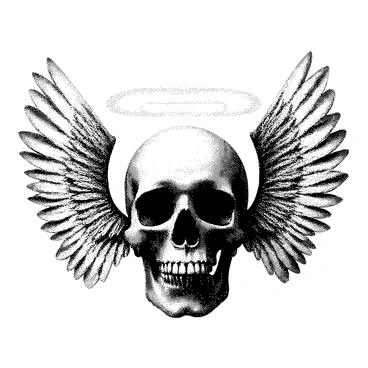 A skull is centered in the image, featuring intricate details on its surface. Attached to the skull are large, angelic wings that are spread wide, displaying feathers in a delicate arrangement. The skull has a slightly glossy appearance, contrasting with the texture of the wings. In the backdrop, soft, billowy clouds are visible, creating a sense of elevation. Light emanates subtly from around the wings, emphasizing their ethereal quality. The overall composition conveys a juxtaposition of life and death.