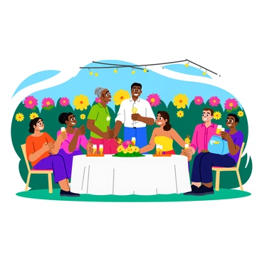 An engagement party set in a blooming garden filled with colorful flowers in full bloom. Guests are gathered, some are laughing and chatting while others toast with sparkling drinks. A beautifully decorated table is set with a white tablecloth and floral centerpieces, surrounded by chairs. Twinkling string lights are draped overhead, adding a festive atmosphere. A couple stands at the center, smiling and embracing, surrounded by their friends and family, who are all dressed in vibrant, joyful attire.