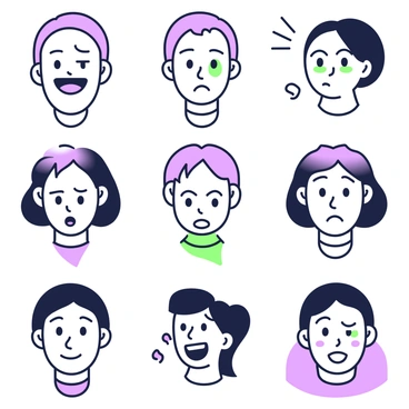 A series of eight illustrations showcasing different facial expressions. Each illustration represents a unique emotion or symptom experienced throughout the menstrual cycle. The first illustration features a woman with a slight smile, indicating contentment. The second illustration shows a woman with furrowed brows and a frown, displaying tension. The third illustration features a woman with tears in her eyes, expressing sadness. The fourth illustration shows a woman with wide eyes and an open mouth, depicting surprise. The fifth illustration features a woman with clenched teeth and a furrowed brow, showing frustration. The sixth illustration presents a woman with a blank stare, indicating fatigue. The seventh illustration features a woman with a soft smile, expressing relief. The eighth illustration shows a woman with a playful smirk, depicting joy. Each illustration is distinct and captures the subtleties of the emotional spectrum.