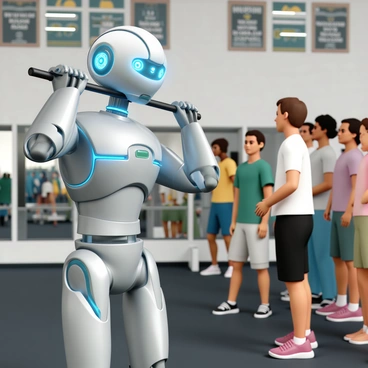 A futuristic robot, featuring a sleek silver metallic body with glowing blue accents, stands in a modern gym setting. The robot is positioned at a lat pulldown machine, its articulated arms gripping the bar with precision. Various gym members, a mix of men and women of diverse ethnicities, watch intently as the robot demonstrates the exercise. The robot's eyes emit a soft light, indicating it's providing guidance. The gym is equipped with advanced workout machines, mirrors along the walls, and motivational posters in the background, creating an energetic atmosphere.