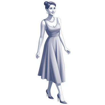 A woman is wearing a structured dress that has a fitted bodice and a flared skirt. The dress features elegant lines and precise tailoring, emphasizing the silhouette of the figure. She accessorizes with a string of pearls around her neck and matching pearl earrings that add sophistication to the ensemble. Her posture is confident and poised, showcasing the classic elegance of her outfit. The background is minimal, focusing attention on the distinctive elements of her look.