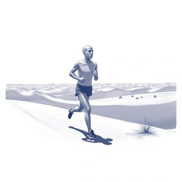 A determined runner is making their way across a vast and open desert landscape. The runner is depicted in mid-stride, showcasing a focused expression, with sweat glistening on their forehead. The sandy terrain stretches endlessly in all directions, with gentle dunes rising and falling beneath the bright sun. There are sparse patches of resilient desert vegetation dotting the landscape, and the sky above is wide and clear, emphasizing the vastness of the scene.