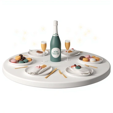 A beautifully set dining table filled with New Year's Eve treats and a champagne bottle