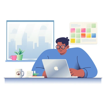 A person with light brown skin and short black hair is seated at a wooden desk, focused on crafting a sales email campaign on a silver laptop. They are wearing a fitted blue shirt and glasses, and their left hand is poised over the keyboard while their right hand is holding a notepad with outlines and notes. Beside the laptop, there is a white mug with a coffee logo and a small potted green plant. The desk is illuminated by a window showing a view of a city skyline, and a wall calendar is visible in the background with colorful sticky notes attached.