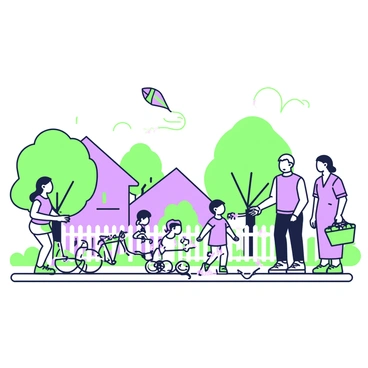 A lively neighborhood scene unfolds. Children are playing on the sidewalk, one child is jumping rope while another is flying a colorful kite. Nearby, a group of children is gathered, engaged in a game of tag, their laughter filling the air. In the foreground, two neighbors are standing by a white picket fence, engaged in a friendly conversation. One neighbor is holding a basket of fruit, while the other gestures towards the children. Surrounding them are lush green trees and well-kept gardens with vibrant flowers. A few bicycles are parked nearby, hinting at the active lifestyle of the neighborhood.