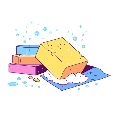 A bubbly scene with a sponge and bars of soap, surrounded by sparkling water droplets.