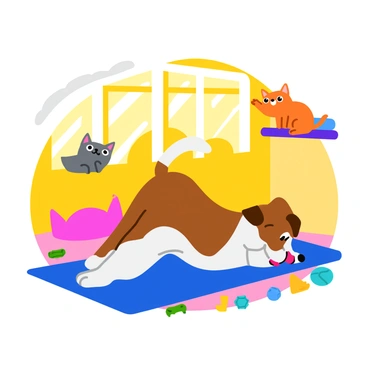 A brown and white dog with floppy ears is positioned on a colorful yoga mat, performing the bird-dog exercise. The dog has one front paw extended forward and the opposite back leg stretched out behind. Its tongue is playfully hanging out, and its tail is wagging energetically. The background features a bright and cheerful room with playful dog toys scattered around. A large window lets in sunlight, casting warm rays onto the mat where the dog is posing. Two curious cats watch from a nearby perch, their eyes wide with surprise. The scene captures a light-hearted and amusing moment of the dog in action.