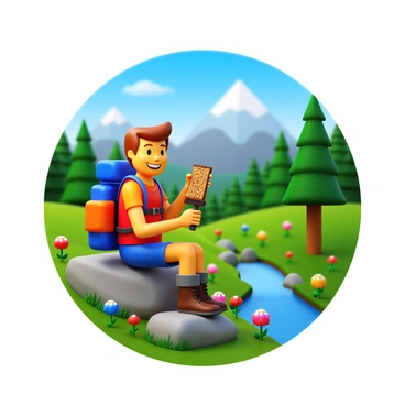 A hiker sitting on a rock, wearing a colorful backpack and sturdy hiking boots. The hiker is holding a "crunchy granola bar" in one hand, with a look of enjoyment on their face. Surrounding the hiker is a beautiful scenic trail with green trees and colorful wildflowers. In the background, there are distant mountains under a clear blue sky. A small stream flows nearby, adding to the natural atmosphere of the setting.