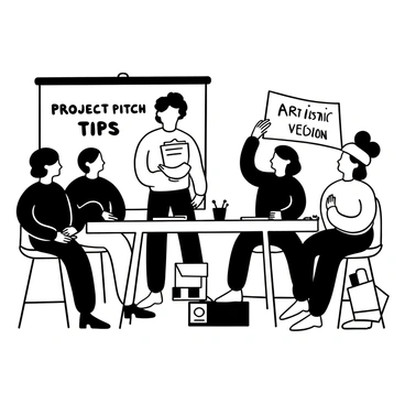A group of artists sitting around a table, engaging in a discussion about project pitches. Each artist has notebooks and sketches in front of them. A woman with a clipboard stands at the front, gesturing toward a large sheet of paper that displays the words "Project Pitch Tips." A projector in the background displays key points related to grant applications, such as "Budgeting" and "Artistic Vision." Various art supplies, including paintbrushes and canvases, are scattered around the room, emphasizing the creative environment. The scene conveys a sense of collaboration and learning in a focused atmosphere.