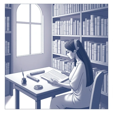 A woman with an elaborate headdress is sitting at a wooden table in an ancient library. She is focused on a papyrus scroll that she holds in her hands, carefully examining the text. The library is filled with tall shelves stacked with numerous tomes, their spines displaying intricate titles. Light filters through a large arched window, casting shadows across the room. A few ancient artifacts are placed on the table beside her, while a quill and ink pot are positioned nearby, suggesting she may take notes or record her thoughts.