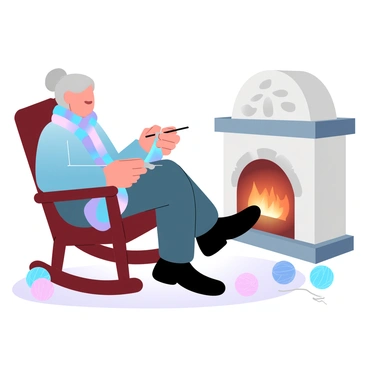 An elderly woman is sitting in a wooden rocking chair, knitting a colorful scarf. She is wearing a cozy sweater, and her hands are deftly working with the knitting needles. The rocking chair is positioned beside a glowing fireplace, where the flames flicker warmly. A few balls of yarn are scattered on a nearby table, adding to the cozy atmosphere of the scene. The room is softly illuminated by the firelight, creating a comfortable ambiance.