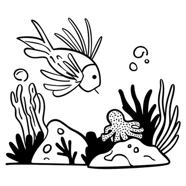 A lionfish with long, flowing fins is positioned prominently in the image, facing downward. It is observing a camouflaged octopus that blends seamlessly into the surrounding coral. The octopus is partially hidden among the rocks, with its body mimicking the texture and patterns of the reef. Various coral formations and sea plants surround the scene, providing a rich habitat for both creatures. Bubbles rise from the ocean floor, adding a dynamic element to the underwater environment.