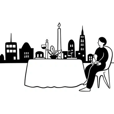 A table set for two with a white tablecloth and elegant dinnerware is positioned at the edge of a rooftop. A pair of tall, slender candles are lit, casting a warm glow across the table. The skyline of a city stretches in the background, featuring various buildings and structures, all outlined in black. The dining scene includes two wine glasses filled with dark liquid, and a small vase with flowers placed in the center. Soft shadows are created by the candlelight on the table and surrounding area.