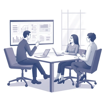 A financial advisor is seated at a sleek, modern desk in an office. The advisor, dressed in professional attire, is pointing to a large screen displaying various investment options and charts. Across from the desk, a young couple is sitting attentively, leaning slightly forward as they listen. The couple is casually dressed, with the man taking notes on a notepad while the woman is holding a pen, looking engaged. The office is decorated with minimalist furniture and large windows that let in natural light, creating a contemporary and professional atmosphere.