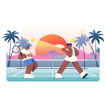 A friendly tennis match is taking place on a well-maintained court. Two players, a man with dark skin wearing a white tennis shirt and blue shorts, and a woman with light skin dressed in a light pink tank top and white skirt, are engaged in a lively rally. The man is poised to hit a yellow tennis ball with his racket, while the woman is ready to return the shot. In the background, a magnificent sunset is visible, with vibrant shades of orange, pink, and purple blending together in the sky. Silhouetted against the colorful sky, tall palm trees line the edge of the court, creating a tropical atmosphere. The court itself has white lines and is surrounded by a fence with a net in the center.