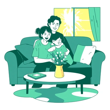 A teal family is embracing each other in a warm, cozy living room filled with bright sunlight. There are two adults and two children in the embrace. The adults have big smiles while the children are laughing joyfully. The living room has a comfortable sofa in the background with fluffy cushions, and there is a large window allowing sunlight to pour in. A small coffee table is in front of the family, holding a yellow vase with fresh flowers. A colorful rug lies on the floor, adding to the cozy atmosphere.