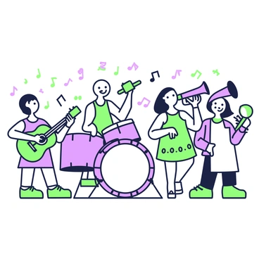 A group of poux is gathered in a lively setting, each one playing a different whimsical musical instrument. One poux is energetically strumming a bright green ukulele, while another is blowing into a purple trumpet, creating cheerful melodies. A third poux is tapping on a set of purple drums, keeping the rhythm steady. Nearby, a poux is rotating a green tambourine, adding jingling sounds to the mix. Another poux stands by, gracefully playing a green flute, with musical notes visibly floating around them. The scene is filled with joy and music, showcasing the playful nature of the poux as they enjoy their jam session together.