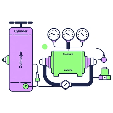 A graphic diagram of a pneumatic system is displayed, showcasing various components within the system. The diagram features a large cylinder on the left side, labeled "cylinder," connected to a smaller compressor on the right, marked with "compressor." There are arrows depicted to indicate the flow of air from the compressor to the cylinder. Pressure gauges are illustrated along the top, with measurements noted beside each. Below the cylinder, there are labels showing "pressure" and "volume" dynamics, accompanied by curved lines connecting them to the cylinder. Additional details include valves and tubes represented in various positions to depict a complete system diagram.