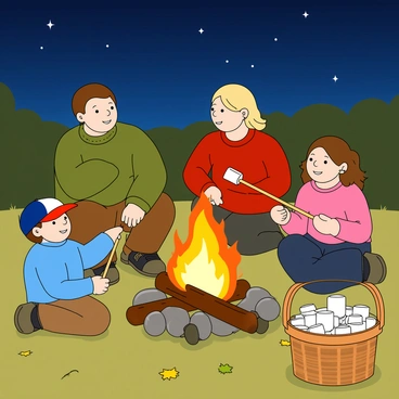 A family of four is gathered around a bright, crackling bonfire under a starlit sky. The father has short brown hair and wears a cozy green pullover sweater. The mother has wavy blonde hair and is dressed in a red pullover sweater. Their two children, a boy with a baseball cap in a blue pullover and a girl in a pink pullover, are all focused on roasting marshmallows on long sticks. The flames of the bonfire flicker warmly, casting playful shadows on their faces, while the ground is covered with a soft layer of grass and a few scattered autumn leaves. A nearby picnic table holds a basket filled with more marshmallows and chocolate bars.