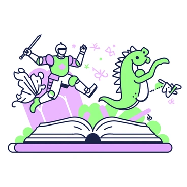 An open book is placed on a wooden table, its pages fluttering slightly as if caught by a gentle breeze. Characters from the story are depicted leaping off the pages, creating a dynamic scene. On the left, a knight in shining armor is mid-jump, holding a sword in one hand, while a dragon is seen soaring upwards from the right side of the book. Below them, a whimsical fairy with delicate wings appears to be hovering just above the table, spreading glittering pixie dust. The background includes a soft focus of more book pages and a cozy reading nook, enhancing the feeling of adventure.