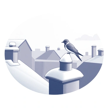 A hirondelle, or swallow, is perched on the edge of a chimney. The bird's wings are slightly raised as it absorbs the warmth emanating from the chimney. The surrounding rooftops are blanketed with a thick layer of snow, creating a peaceful winter scene. The rooftops have varying heights and angles, some adorned with small snowdrifts built up along the edges. The sky above is clear, hinting at a crisp, cold day.