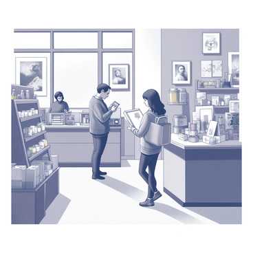 A student carrying a sketchbook and a tote bag is browsing through an art supply store. The student is looking closely at a shelf filled with various art supplies, including brushes, paints, and sketching tools. The store features a variety of organized displays showcasing different coloring mediums and papers. A wooden counter is visible in the background, with a cashier assisting another customer. The atmosphere is lively with other shoppers exploring the aisles, and posters of famous artworks are hanging on the walls. A large window lets in natural light, illuminating the supplies on display.