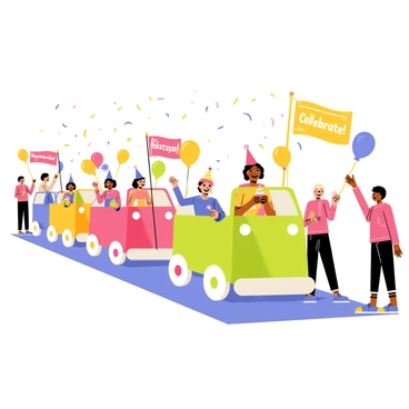 A small parade featuring colorful floats moving down a street. Each float has unique decorations with balloons and streamers. People are standing along the sides of the street, waving bright banners that read "Happy Birthday!" and "Celebrate!" Children are smiling and wearing party hats. Some adults hold cupcakes and drinks, while others cheer enthusiastically. The atmosphere is festive and joyful, with confetti gently falling from the sky.