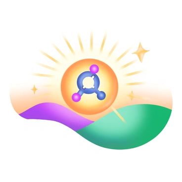 An ATP molecule depicted as a glowing orb, rising from the horizon like the sun. The orb is surrounded by rays of light radiating outward, symbolizing energy production. Below the orb, there are gentle hills representing the earth, and small sparkles of light are seen around the orb, signifying energy being released into the environment. The colors used are warm and inviting, transitioning from soft oranges to yellows.