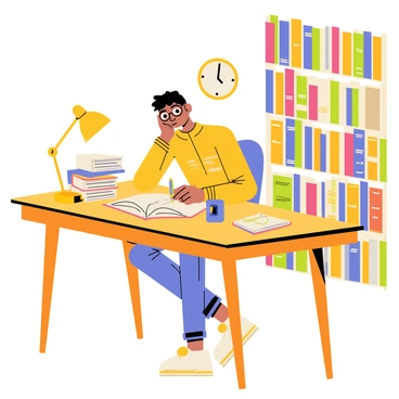 A student sitting at a wooden library desk, wearing glasses and a thoughtful expression. The desk is cluttered with open books, colorful notebooks, and scattered sheets of notes. A small desk lamp casts a warm light over the workspace. In the background, tall shelves filled with books create a cozy atmosphere. A cup of coffee sits next to the student, and a clock on the wall indicates late afternoon. The student is writing in a notebook, with a pen in hand, reflecting deep concentration on their studies.