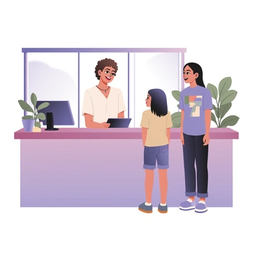 A youthful receptionist engaging with a young visitor in a trendy co-working space.