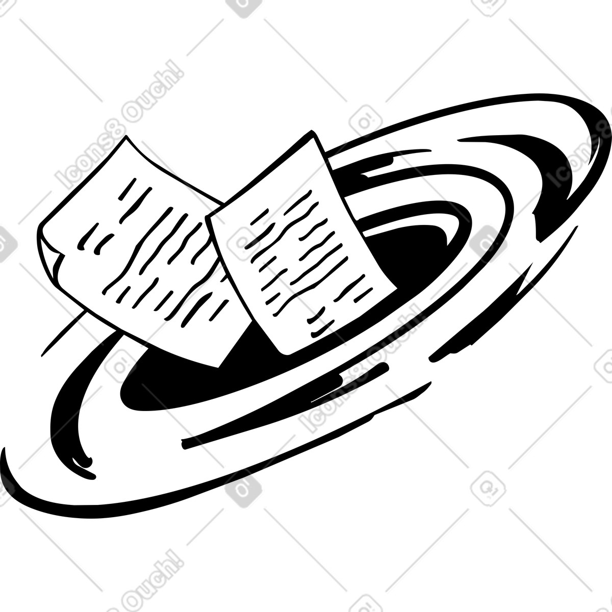 Illustration Black hole swallowing floating paper sheet in deep outer space dans le style Line à télécharger aux formats PNG, SVG