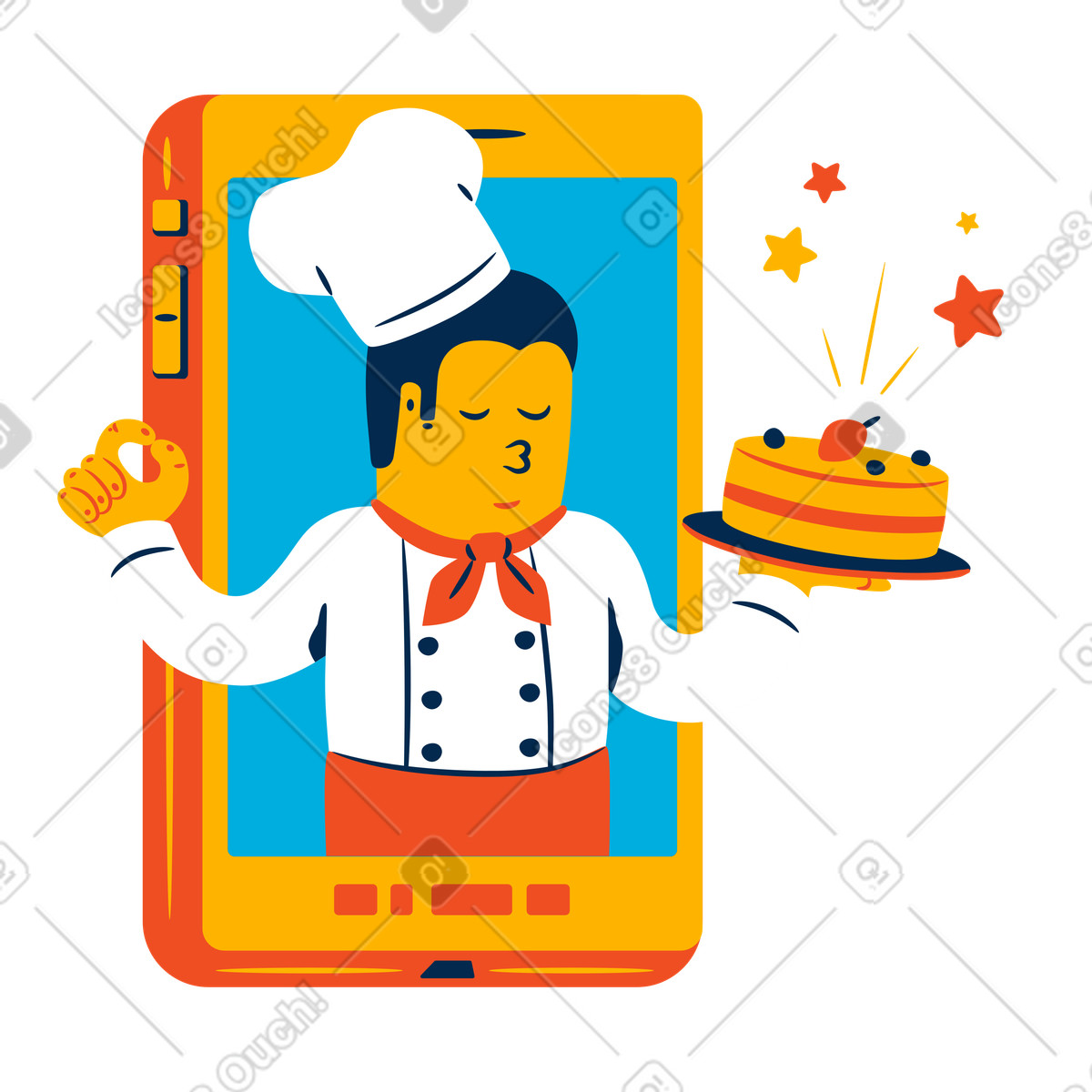 Chef con torta per la consegna di cibo online illustrazione in stile Flame scarica in PNG, SVG