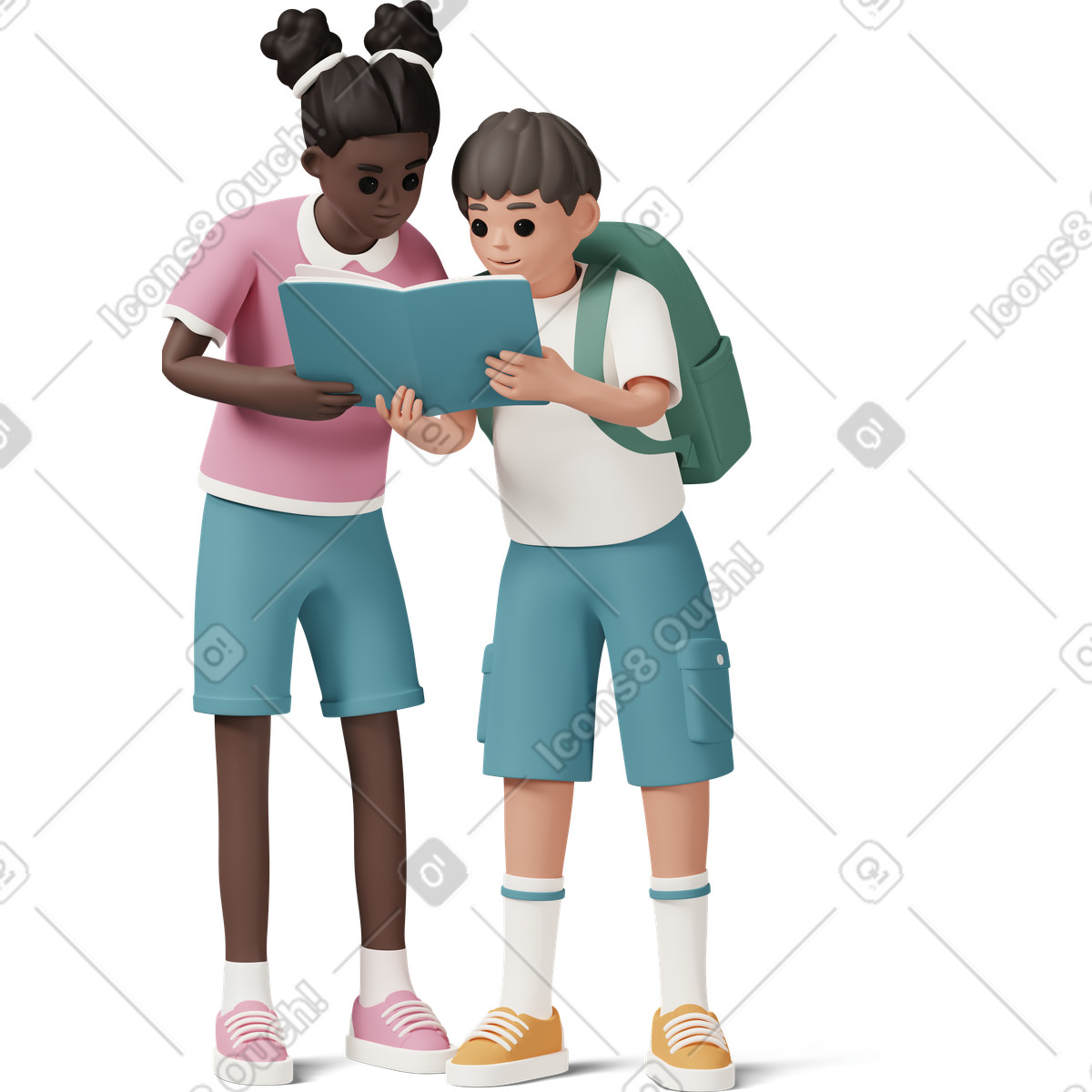 下载 3D Casual life 风格的 Girl and boy with backpack reading book 插画，支持 PNG、SVG 格式