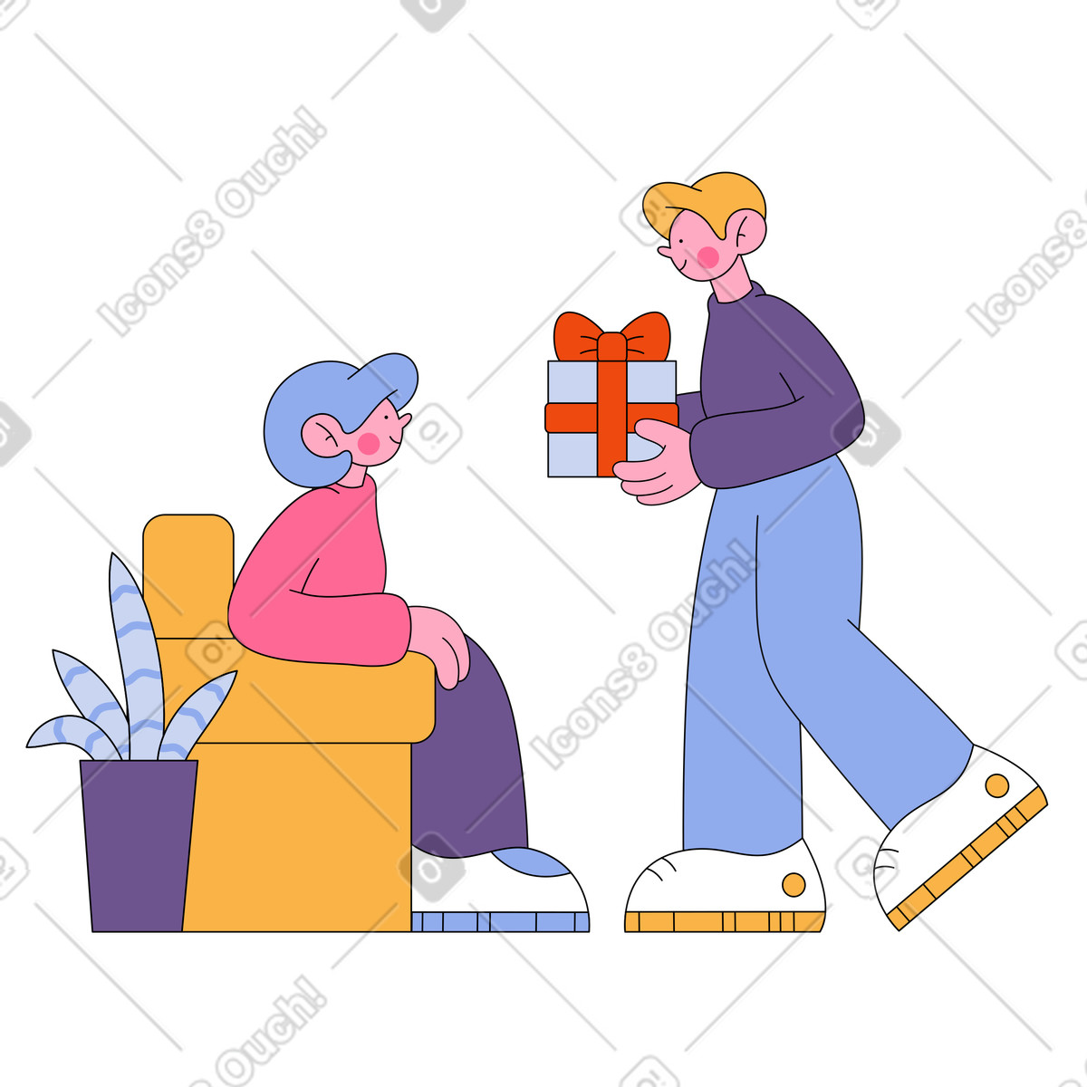 Illustration Guy donne un cadeau à une fille assise sur chaise dans le style Bloom télécharger aux formats PNG, SVG