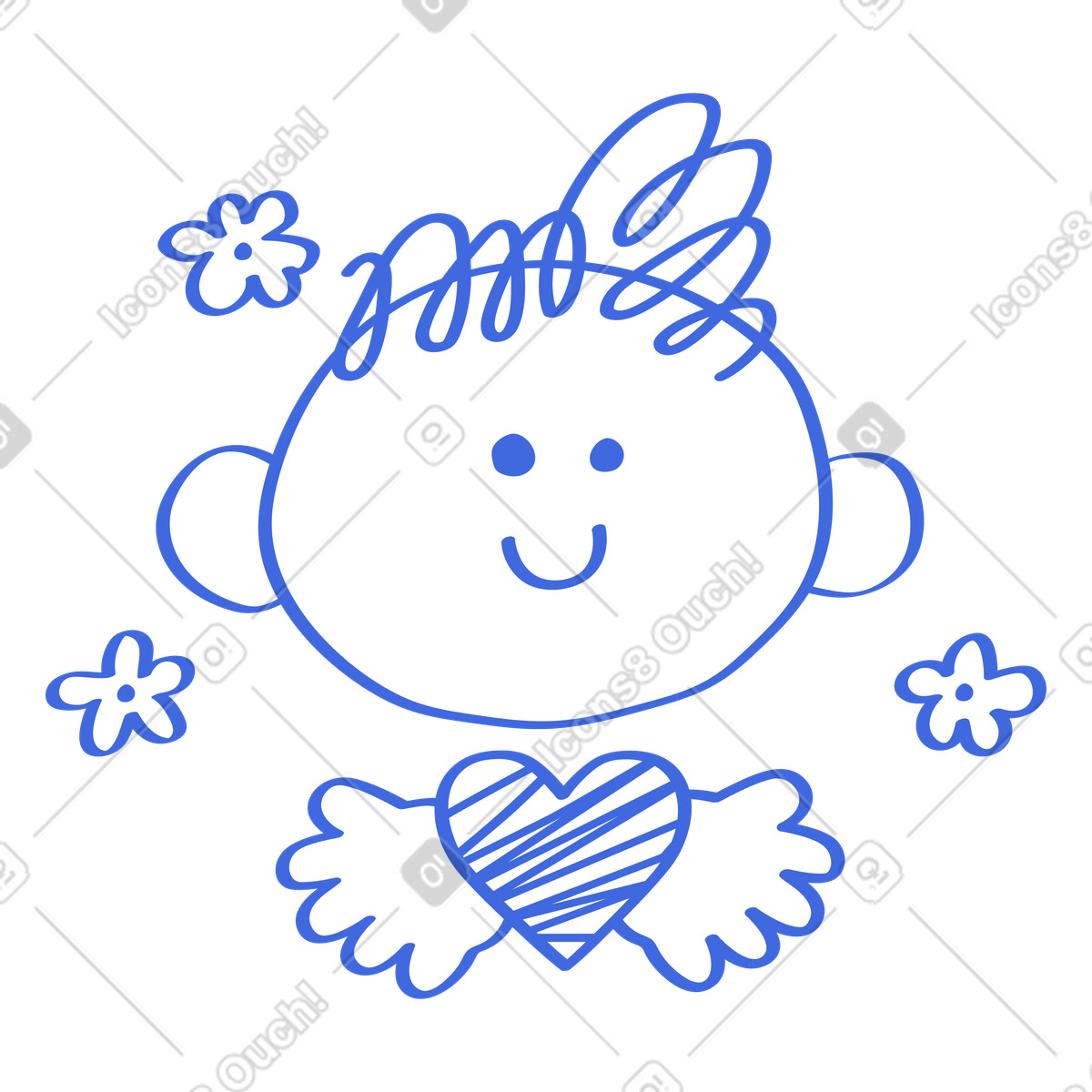 Illustration Heart character with smiling face surrounded by flowers and wings dans le style Ballpoint Pen à télécharger aux formats PNG, SVG